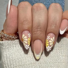 24PCS French Tip Press-On Nails with Yellow Flower Design, Short Almond Shape Fake Nails for Women, Summer Stick-On with Accessory Tools, Natural Look Quick 5-Minute Application