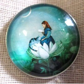 WONDERFUL GLASS DOME PIC BUTTON GIRL READING TO HER CAT SITTING ON TOP OF FLOWER