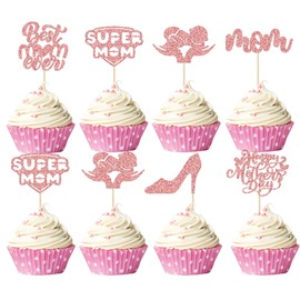 Ephlyn 24 piezas de decoración para magdalenas del Día de la Madre con purpurina,decoración de pasteles para el Día de la Madre,cumpleaños,suministros de decoración de pasteles de oro rosa