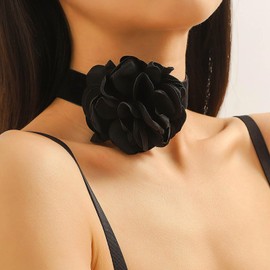 Atentuyi Boho Grey Flower Rose Choker Necklace Black Lace Choker Floral Choker Grey Large Flower Choker Party Prom Hand Flower Long Wrap Bow Black Velvet Choker Jewellery for Women and Girls, Lace