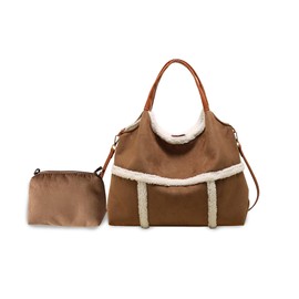 CORIOS Women Suede Tote Bag Shoulder Bag with Lamb Wool Vintage Crossbody Bag Large Handbag Lightweight Messenger Bag Soft Plush Top Handle Bag Satchel Bag with Coin Purse 2pcs Set Brown