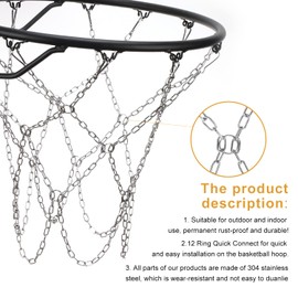 Basketball Net, Stainless Steel Braided Chain Heavy Duty, Standard Basketball Net (12 Links), Quick Installation. Suitable for Indoor and Outdoor Climates