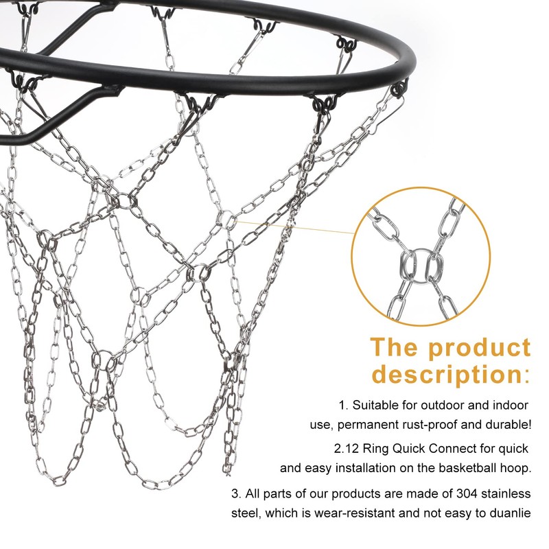 Basketball Net, Stainless Steel Braided Chain Heavy Duty, Standard Basketball