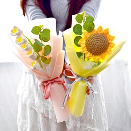 Nikuoan 2Pcs Crochet Flowers Bouquet,Hand Knitted Sunflower Lily of The Valley,Warm Artificial Flower,Crochet Bouquet Gift for Mother's Day Father's Day Birthdays Weddings Teachers Day Home Decor