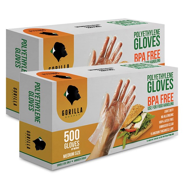 GORILLA SUPPLY 1000 BPA Free Premium Disposable Gloves Poly PE LDPE Plastic for Kitchen Food Handling Food Prep Latex & Powder Free (1000 Count, Medium)