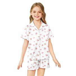 Arshiner Girls Pajamas Sets Short Sleeve Kids Pjs Button Down Sleepwear White Flowers 5-6 Years