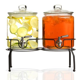 Double Glass Drink Dispenser with Stand - 1 Gallon Large Beverage, Juice & Water Dispenser for Parties with Spout- Stainless Steel Spigot & Airtight