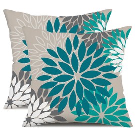 DFXSZ DFXSZ Dark Blue Green Outdoor Pillow Covers 18X18 Inch Set of 2 Spring Teal Flower Pillow Case Outdoor Waterproof Decor for Patio Funiture Garden Polyester Pillow Covers 002D18