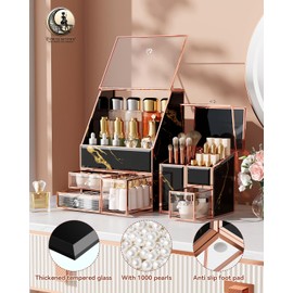 CoralHouse Makeup Organizer Black,Glass Vanity Organizer for Skincare, Perfume, Brushes & Lipsticks – Countertop Makeup Storage Box for Women, Bathroom or Dresser