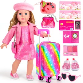 ARTST 18 Inch Doll Clothes Accessories, American 18 inch Doll Suitcase- Glasses,Beret,Shoes,Handbag,Camera, Passport,Mobile Phone Travel Set Toys for 3-12 Girls(NO Doll)