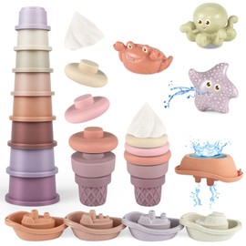 Stacking Cup Toy for 1 Year Girls, 21 Piece Baby Bath Toy Set, Water Table, Pool Beach Toy for 6-12 Months Toddlers, Sand Toy, Birthday Gift for Boys Girls 2 3 4