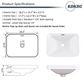 KDKSC Bathroom Vessel Sink 18.2'' x 13.3'' Small Semi Recessed Bathroom Sink Rectangular Drop In Sink with Overflow White Ceramic Modern Vessel Sinks for Bathroom