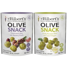 Mr Filbert's Rosemary & Garlic Mixed Olives and Lemon 50g & Oregano Green Olives 50g (One Pack Each)