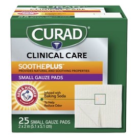 Curad SoothePLUS Gauze Pads with ARM & HAMMER Baking Soda, 2" x 2", 25 count, White