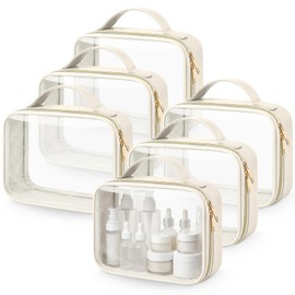 Abbylike 6 Pcs Clear Makeup Bags Bulk 7.9 x 5.9 x 2.4 Inches Quart Size Approved PU Leather Toiletry Bag with Handles Small PVC Clear Travel Cosmetic Case for Women Wedding Bridal Gifts(Beige)
