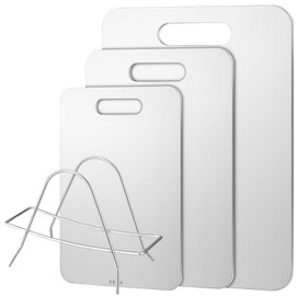 Yaocom 3 Pcs13.4"x9", 12"x8", 9.5"x6" Stainless Steel Cutting Board with Holder 304 Stainless Steel Dishwasher Safe Chopping Boards for Kitchen Double Sided Cutting Board for Meat Fruit Vegetable