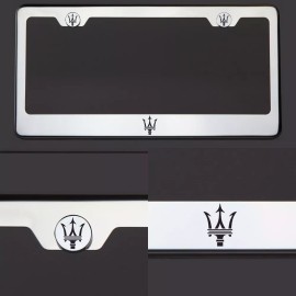 KA T304 SS Stainless Steel Maserati Logo Black Laser Etched License Plate Frame Tag