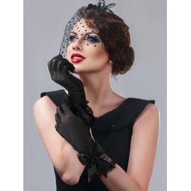 Bencailor Women Lace Gloves Tea Party Wedding Short Bow Sheer Gloves Evening Elegant Accessories for Sun Protection Funeral(Classic Black,Lace Bow)