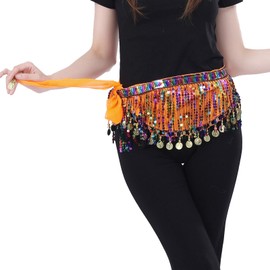 Bailinks Women's Orange Sequin Belly Dance Hip Scarf, Chiffon Wrap Skirt with Coins, Size 150cm/59inches x 22cm/8.6inches