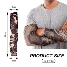Yeomju Set of 10 Tattoo Sleeves Set Fake Sun Cream Arm Warmers Tattoo Sleeves Tattoo Arm Stocking for Men Women Temporary Tattoo Stocking Arm for Carnival, multicoloured