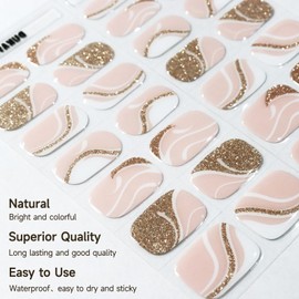 Semi Cured Gel Nail Strips, 28 pcs Gel Nail Stickers Full Nail Wraps,Long Lasting Gel Nail Strips Work with Any UV Lamp,Nail Art Stickers for Gel Nails Salon Quality, Easy to Apply (Gold Pink)
