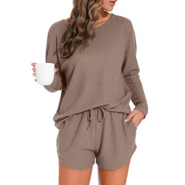 PrinStory Womens Waffle Knit Pajama Sets Long Sleeve Top and Shorts Matching 2 Piece Lounge Set Loungewear with Pockets Khaki-S