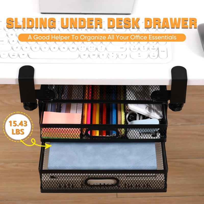 Sliding Under Desk Drawer Organizer No Drilling 2 Drawers Slide