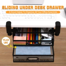 Sliding Under Desk Drawer Organizer No Drilling 2 Drawers Slide Out Desktop Or Under Table Storage Metal Clamp On Desk Drawer Attachment Anti-Slip Under Desk Organizer for Home & Office
