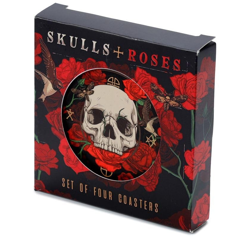 4 Glass Drinks Cork Coasters with Skull and Roses Motif