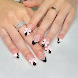 24pcs Almond Fake Nails - Black Edge False Nails French Tip with Pink Bow and Heart - 12 Sizes Glue on Nails French Nail Tips - Full Cover Glossy Acrylic Nails for Women Girls Nail Art
