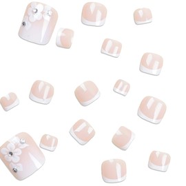 French Tip Silver Rhinestones Fake Toenails Floral Press on Nails Glossy Short Square Toes False Nails Pink Glitter Full Cover Glue on Acrylic Fake Nails Stick on Nails for Women 24 Pcs