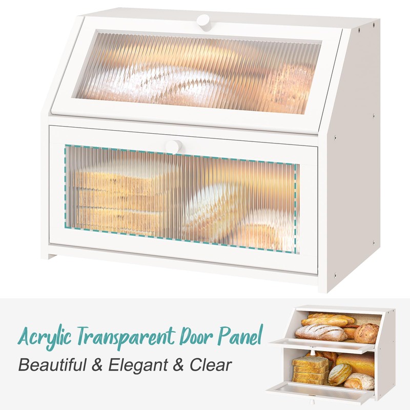 Vriccc White Bread Box for Kitchen Counter, Large Bamboo Wood