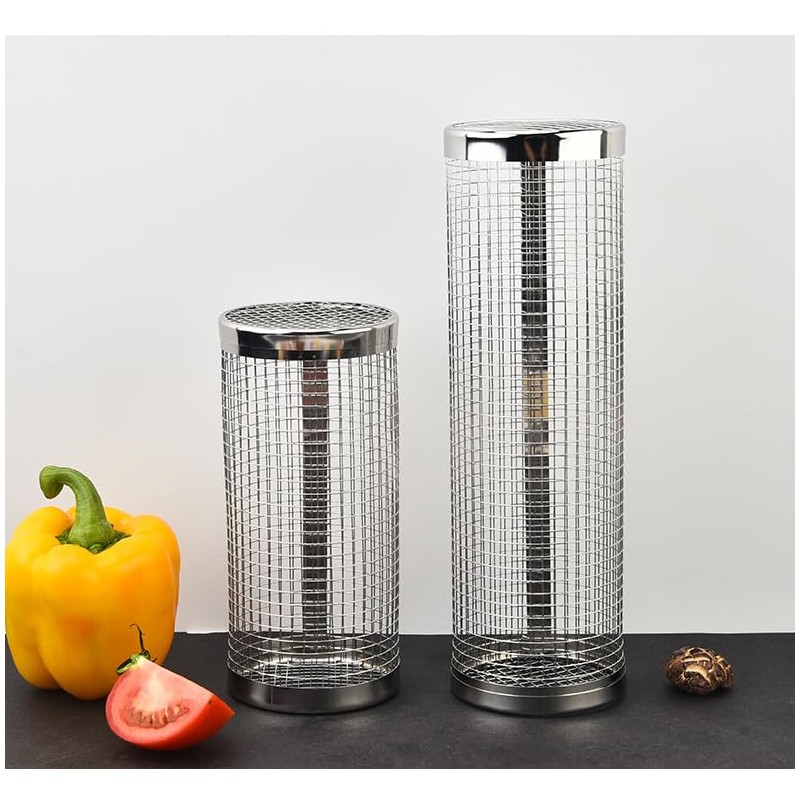 Stainless Steel Cylindrical BBQ Basket Reusable Round Grill Net, Perfect