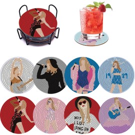 8 PCS Singer Diamond Art Coasters Kits, Pop Star Diamond Painting Coasters with Holder Set of 8, DIY Drink Coasters Art Crafts Supplies for Adults Cup Mat for Home Decor House Warming Gifts Non-Slip