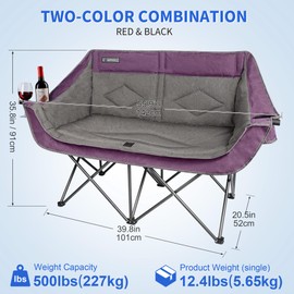 Oversized Double Camping Chair-Heavy Duty 2 Person Folding Loveseat Camp Couch for Adults,Portable Outdoor Lawn Chairs with Padded Seat for Fishing,Sports and Patio,Supports 500 LBS,Purple