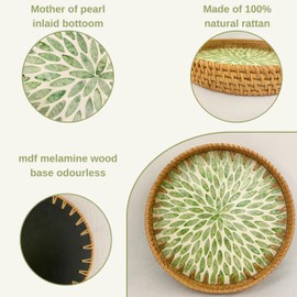 ChumDecor Round Rattan Serving Tray with Mother of Pearl Inlay, Round Rattan Tray, Coffee Table Tray Decor, Elegant Woven Basket, Wicker Tray, Decorative Gifts for Occasion (LEAFTRAY, Set of 2)