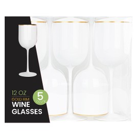 PLASTICPRO - Juego de 10 copas de vino de plástico con borde dorado, copas de vino de plástico duro en el tallo, 12 onzas