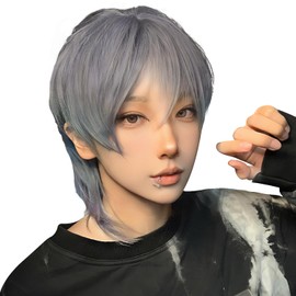Sofeiyan Men's Short Wig, Ideal for Small Face, Wolf Cut, Wig, Black, Men's Wig, Straight Full Wig, Natural, Everyday Use, Imechen, Unisex, Heat Resistant, Wig Net Included (Galaxy Purple)