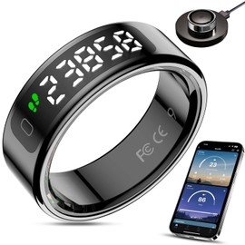 Smart Ring with Display Screen & Wireless Charging - Health Tracker for Women & Men, Intelligent Touch Screen for Time, Steps, Heart Rate, Battery Level, No Subscription Required (Deep Gray, 9)