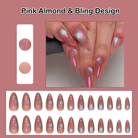 ANDGING Pink Almond Press on Nails Short Medium Fake Nails with Bling Designs Glue on Nails for Women Classy Acrylic Stick on Nails for Wedding Manicure Pressons Nails Full Cover Gel False Nails