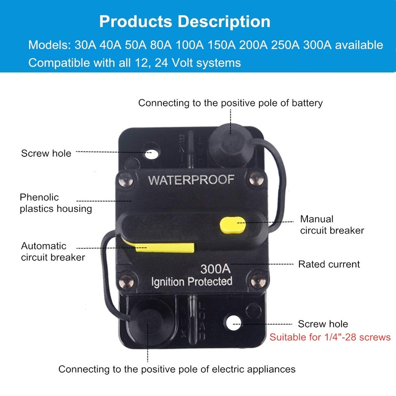 WOHHOM 300 Amp Circuit Breaker DC 12V -48V Waterproof 30A-300A