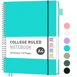 RETTACY A4 Notebook, Lined Wirebound Spiral Notebook College Ruled Paper 110 Pages for Writing, Journals for Women 100gsm, PVC Pocket, Pen Loop, Ruler, Bookmark, 21.5 x 27.9cm - Turquoise