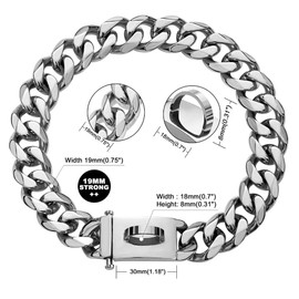 Dog Chain Collar Walking Metal Choke Collar with Design Secure Buckle, Silver Cuban Link Strong Heavy Duty Chew Proof for Medium Dogs. (19MM, 16")