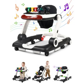 Music and Lights Baby Walker with Wheels, 6 in 1 Baby Activity Center w/Ergonomic backrest Design, Baby Walkers for Boys w/Foot Pads, Music Bouncer Walkers for Boys Girls Babies 6-18 Months, Black