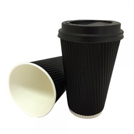 QTPack 25 16oz Black Triple Walled Kraft Ripple Paper Cups with Matching Lids | Disposable Eco Friendly Recyclable | Suitable for Coffee Tea Hot Drinks