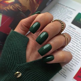 Emerald Green PPress on Nails Short Medium Square Glue on Nails Set,Xcreando Summer Square Fake Nail Short Coffin Nails Press ons Medium Length Gel False Nail For Women 24 Pcs, Dark green