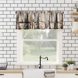 ZhiRain Barn Door Valance Curtain Rustic Wood Farmhouse Door Pattern Western Country Rod Pocket Valance Window Treatments 1 Panel Short Curtains for Kitchen Living Room Decor 54 x 18 in
