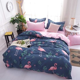 Homewish Pink Flamingo Duvet Cover 155 x 220 cm, Cute Animal Flowers Flamingo Bedding Set for Boys, Girls, Kids, Women, Soft Microfibre Reversible Bed Linen with 1 Pillowcase, Blue
