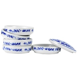 QWORK 5-Layer Ceramic Mixing Trays Set, Round Porcelain Watercolor Palettes and Sauce Dishes with Blue Patterns, Ideal for Art Lovers and Jewelry Storage