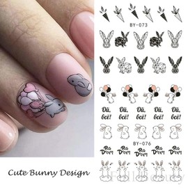 12 Sheets Bunny Nail Art Stickers Easter Water Transfer Nail Decals Cute Rabbit Cartoon Nail Design Abstract Line Rabbit Nail Sticker Easter Nail Art Supplies for Women Girls Kids DIY Nail Decoration